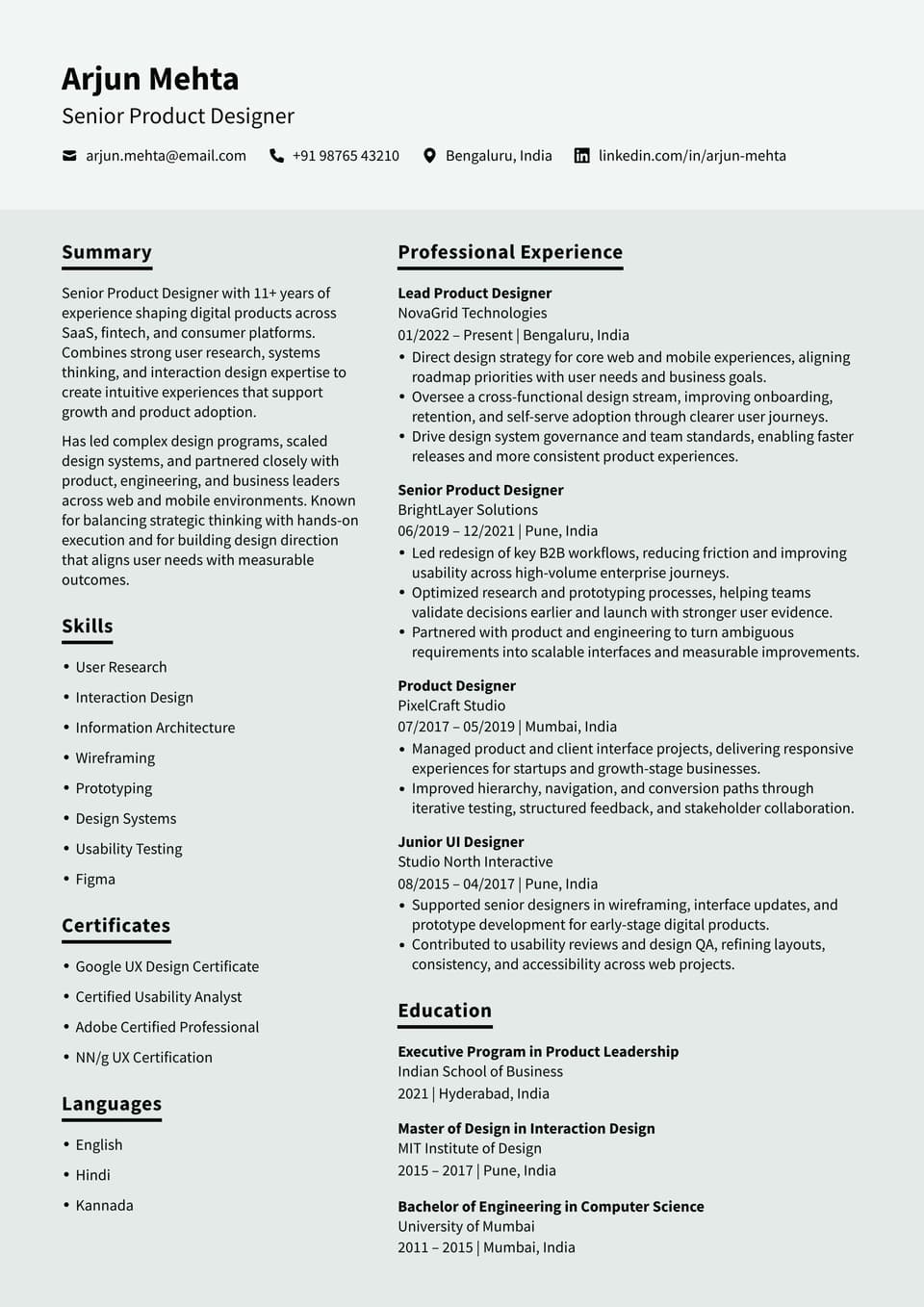 Senior Product Designer resume example