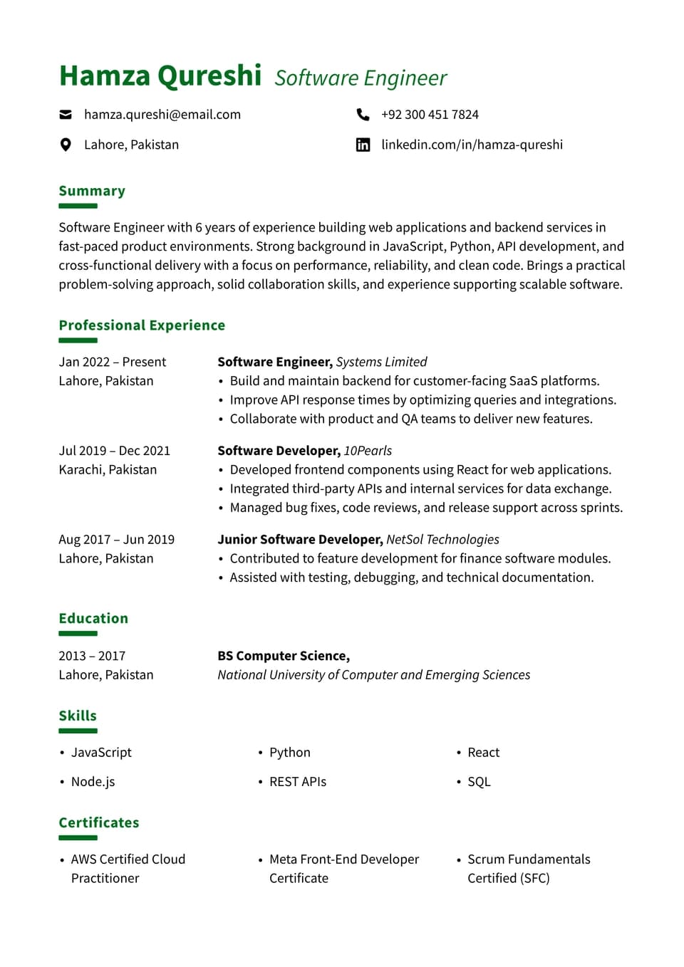 Software Engineer resume example — Modern Single Column template