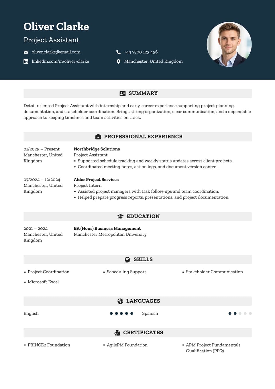 Project Assistant resume example — Clean Entry-Level Layout template