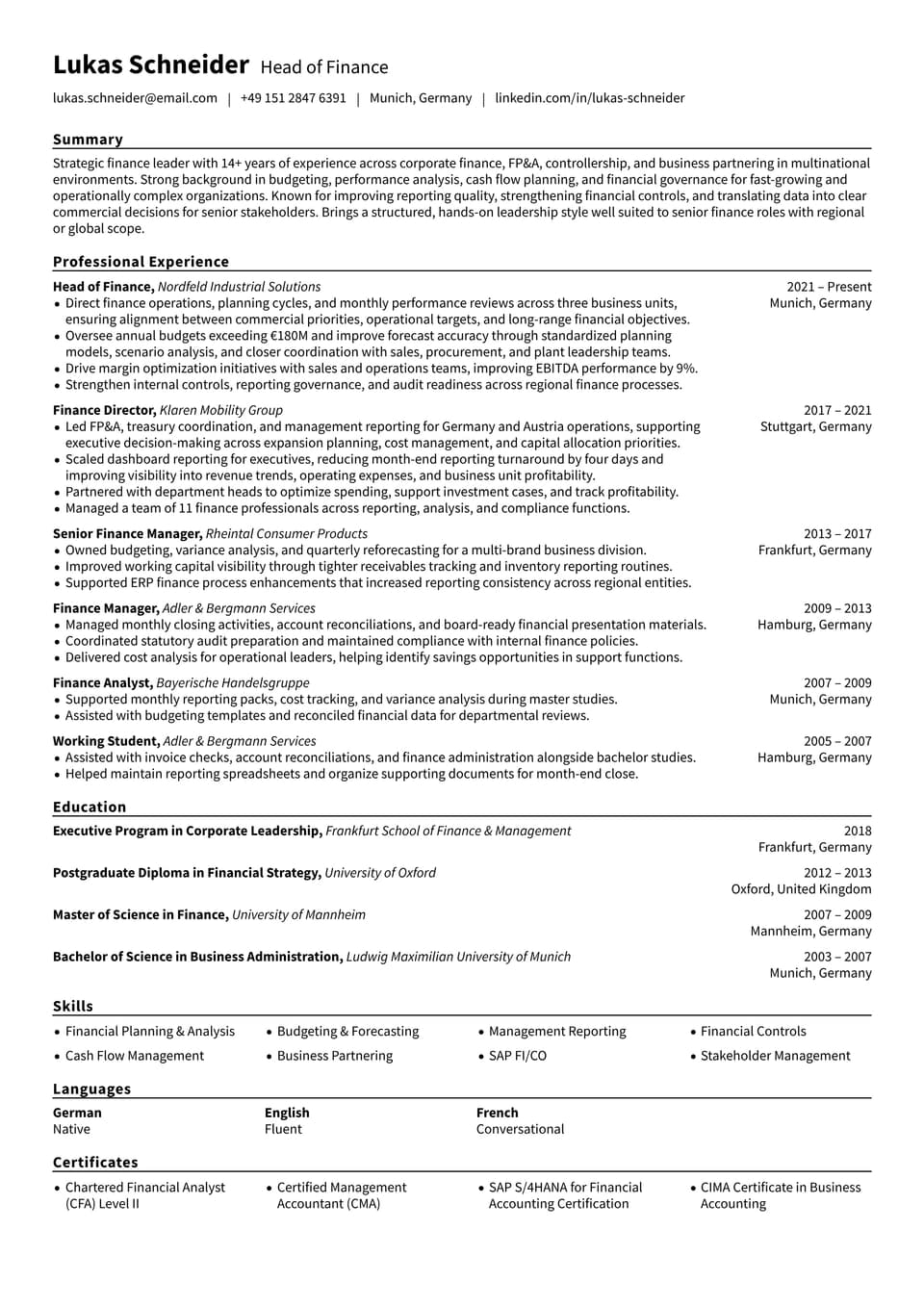 Head of Finance resume example