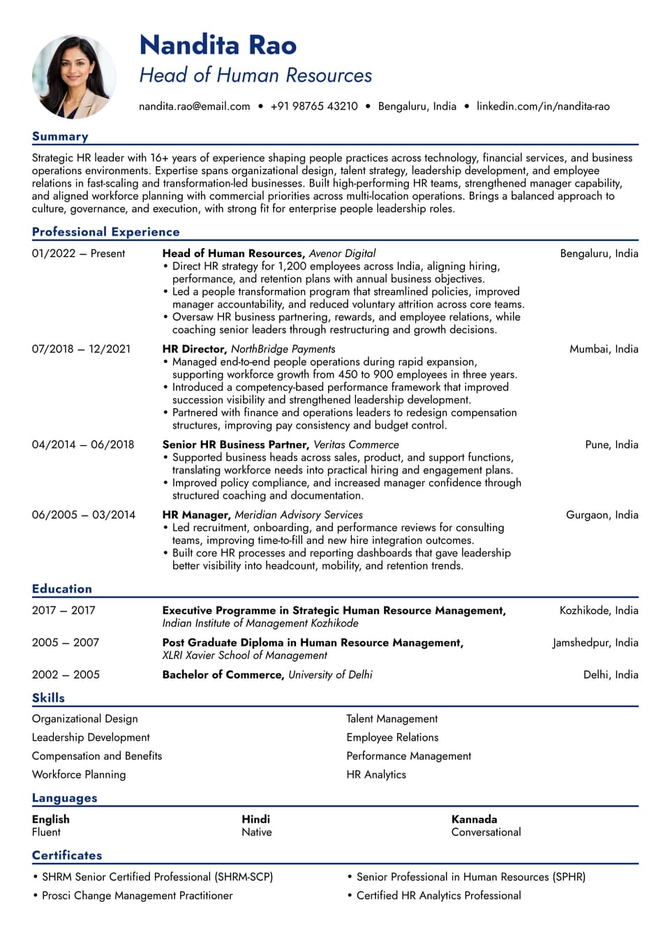 Head of Human Resources resume example