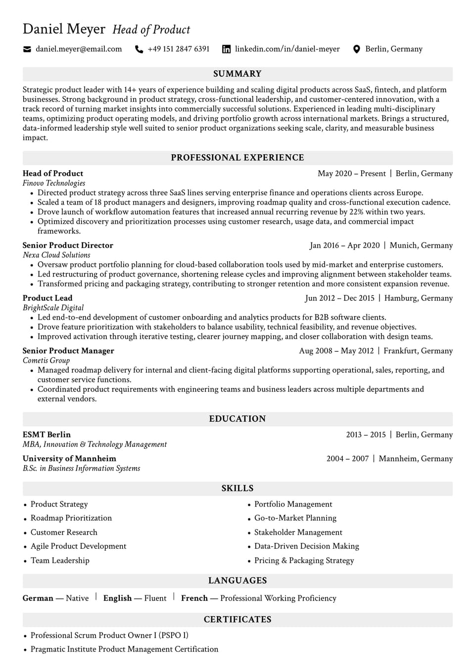 Head of Product resume example